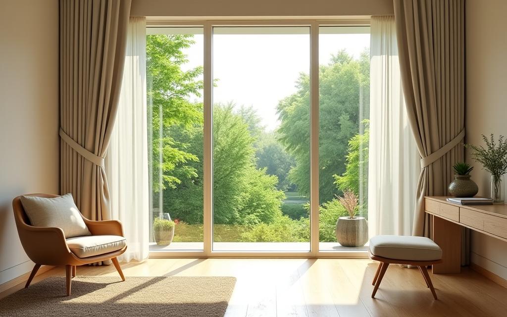 A bright hotel room with a large window overlooking a lush green garden.